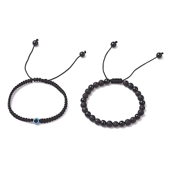 Черный 2 шт. 2 стили плетеные браслеты из бусин натурального черного оникса, черного агата и синтетической лавы для женщин, со смолой сглаза, чёрные, внутренний диаметр: 2~3-1/4 дюйм (5.1~8.4 см)