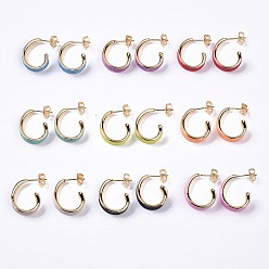 Mixed Color Brass Enamel Stud Earrings, Real 18K Gold Plated Half Ring Jewelry for Women, Mixed Color, 15x16x5.5mm, Pin: 1.2mm