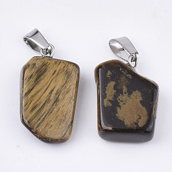 Tiger Eye Natural Tiger Eye Pendants, with Stainless Steel Snap On Bails, Nuggets, 15~35x10~20x5~15mm, Hole: 3x7.5mm