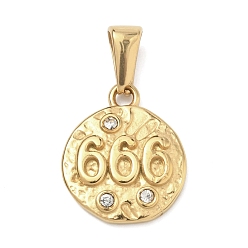 Золотой Текстурированные 304 подвески из нержавеющей стали, плоский круглый с подвеской в виде цифры 6, со стразами, золотые, 18x15x3 мм, отверстие : 7x3.7 мм