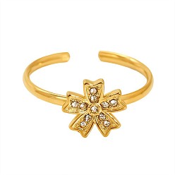 Fleur 304 Manchette ouverte en acier inoxydable ornée de strass, or, fleur, 17mm