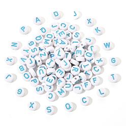Dark Turquoise Opaque White Acrylic Beads, with Enamel, Horizontal Hole, Flat Round with Initial Letter, Dark Turquoise, 9.5x4.5mm, Hole: 2mm, 100pcs/set