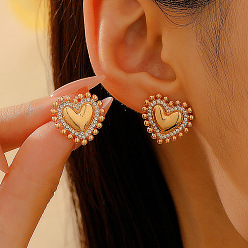 Золотой Серьги-гвоздики из сплава в форме сердца и хрустальных страз, золотые, 18x17 мм