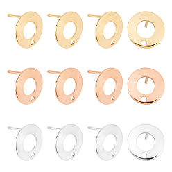 Mixed Color 30Pcs 3 Colors Donut 304 Stainless Steel Stud Earring Findings, with Plastic Ear Nuts, Mixed Color, 10.3mm, Hole: 1.3mm, Pin: 0.7mm, 10pcs/color