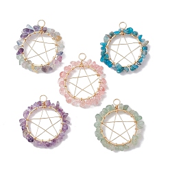 Золотой Подвески из смешанной крошки драгоценных камней, обернутые медной проволокой, пентаграмма прелести, золотые, 36~37x32~34x5~8 мм, отверстие : 4 мм