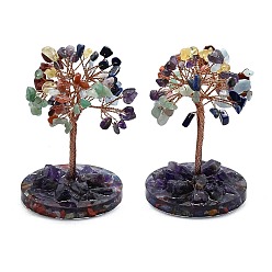 Смешанные камни Украшения для витрин с натуральным зеленым авантюрином, красной яшмой, желтым кварцем, лазуритом, аквамарином и сердоликом из пахиры глабра, с основанием и медной проволокой, фен-шуй энергетический камень подарок для домашнего офиса украшение рабочего стола, 60~61x88~93 мм