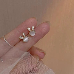 Golden Rabbit Head Alloy Cat Eye Stud Earrings for Women, with Rhinestone and 925 Sterling Silver Pin, Golden, 18x12mm