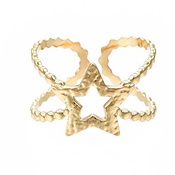 Золотой 304 открытая манжета в форме звезды из нержавеющей стали, массивное полое кольцо для женщин, золотые, размер США 6 3/4 (17.1 мм)