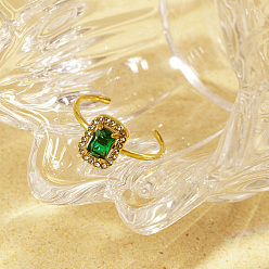 Зеленый Стильные 304 кольца-манжеты из нержавеющей стали с кубическим цирконием для женщин, прямоугольные, реальный 18 k позолоченный, зелёные