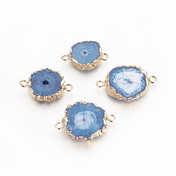 Васильковый Соединители звеньев естественного окрашенного кварца, с латунной фурнитурой , плоско-круглые, золотые, васильковый, 24.5~33x16~23x4~6 мм, отверстие : 2~2.5 мм