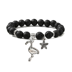 Лавовый камень Круглые эластичные браслеты из натуральной лавы с бусинами, с подвесками в виде фламинго из сплава в тибетском стиле, внутренний диаметр: 2 дюйм (5.2 см)