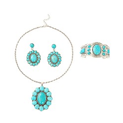 Темно-бирюзовый Овальные серьги-гвоздики из синтетической бирюзы, ожерелья с подвесками и браслеты-манжеты, сплав ювелирных изделий, темные бирюзовый, 450 мм