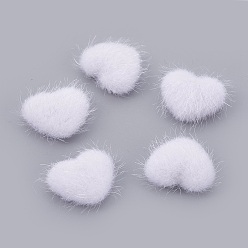 White Faux Mink Fur Covered Cabochons, with Alloy Bottom, Heart, Silver Color Plated, White, 14x17x6.5mm