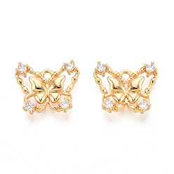 Настоящее золото 18K Латунные микро проложить кубического циркония прелести, бабочка, реальный 18 k позолоченный, 12x14.5x3.5 мм, отверстие : 1.5 мм