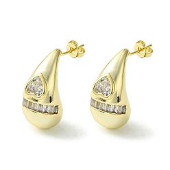 Real 16K Gold Plated Brass with Cubic Zirconia Studs Earrings, Teardrop with Heart, Real 16K Gold Plated, 24x12mm