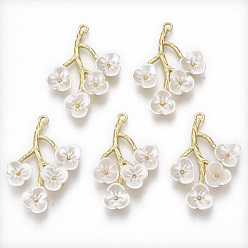 Light Gold Alloy Pendants, with ABS Plastic, Branch and Leaves, White, Light Gold, 38x27~29x5.5mm, Hole: 2mm