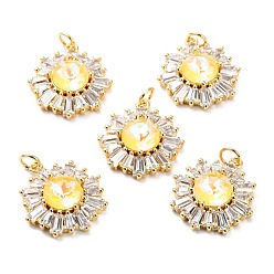 Champagne Yellow Brass Micro Pave Cubic Zirconia Pendants, Long-Lasting Plated, Real 18K Gold Plated with Glass, Snowflake, Champagne Yellow, 21.2x17.5x6.7mm, Hole: 3.6mm
