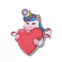 Colorful Cartoon Opaque Acrylic Pendants, Heart Unicorns Charm, Colorful, 42x36x2mm, Hole: 2.5mm