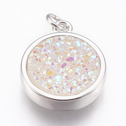 WhiteSmoke Brass Charms, with Druzy Resin Cabochon, Flat Round, Platinum, WhiteSmoke, 14x11.5x3mm, Hole: 2mm