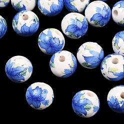 Royal Blue Floral Printed Porcelain Beads, Flower Patterned Ceramic Beads, Round, Royal Blue, 12mm, Hole: 2mm