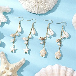 Золотой 2пара 304 серьги-подвески в виде звезды и черепахи из нержавеющей стали, с натуральными смешанными ракушками каури, синтетической бирюзой и перламутровым стеклом, окрашенным в технике выпекания, золотые, 75~80x13.5 мм, 2 пара / комплект