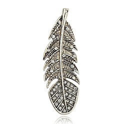Cristal Alliage strass plume grands pendentifs, argent antique, cristal, 97x34x3mm, Trou: 1.5mm