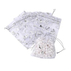 White Heart Printed Organza Bags, Gift Bags, Rectangle, White, 12x10cm