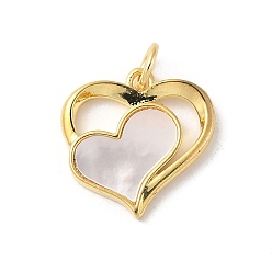 Настоящее золото 18K Подвески в виде сердечек из натуральной белой ракушки из латуни с соединительными кольцами, долговечный, без свинца и без кадмия, стойки покрытие, реальный 18 k позолоченный, 15x15x2 мм, отверстие : 3 мм