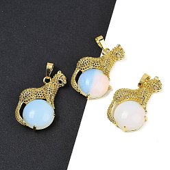 Опал Опаловый шар с латунными подвесками в форме леопарда, стойки покрытие, без кадмия и без свинца, долговечный, 35x22x6.5 мм, отверстие : 7x3.5 мм