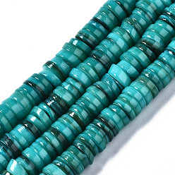 Teal Natural Freshwater Shell Beads Strands, Dyed, Flat Round/Disc, Heishi Beads, Teal, 6x6x1~2.5mm, Hole: 1mm, about 201~208pcs/strand, 15.20~15.43 inch(38.6~39.2cm)