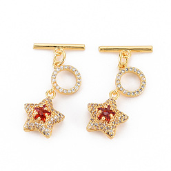 FireBrick Brass Micro Pave Cubic Zirconia Toggle Clasps, Nickel Free, Star & Bar, Real 18K Gold Plated, FireBrick, Ring: 10x9x2mm, Bar: 15x4x1.5mm, Hole: 1.5mm~1.8mm