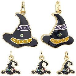 Черный 7 шт. 2 стили подвески для Хэллоуина с покрытием из латуни и эмали, долговечный, без свинца и без кадмия, реальный 18 k позолоченный, ведьма шляпа, чёрные, 27x24.8x2 мм, отверстие : 5x3.5 мм