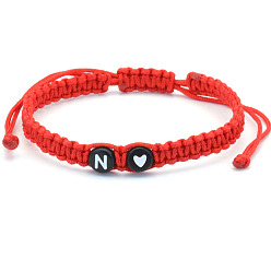 Letter N Бусины из смолы плетеные браслеты из бисера, регулируемые плетеные браслеты из полиэфирного шнура для мужчин и женщин, плоский круглый с буквой и сердцем, Письмо N, 6.30~11.81 дюйм (16~30 см)