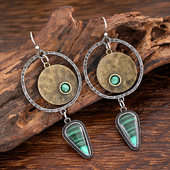 Плоский Круглый Болтаться серьги сплава эмали, со стеклом, античное серебро, плоско-круглые, 65 мм