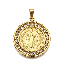 Плоский Круглый 304 подвески из нержавеющей стали, со стразами, религиозная тема, вакуумное покрытие pvd, святой, золотые, плоско-круглые, 32x28x2.5 мм, отверстие : 3x7 мм
