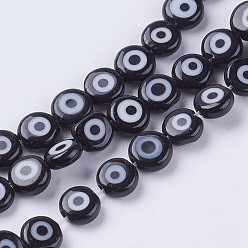 Black Handmade Evil Eye Lampwork Beads Strands, Flat Round, Black, 6x2.5mm, Hole: 1mm, about 64pcs/strand, 13.7 inch(35cm)