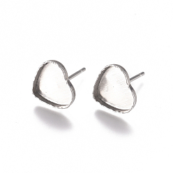 Stainless Steel Color Tarnish Resistant 304 Stainless Steel Stud Earring Findings, Heart, Stainless Steel Color, Tray: 8x9mm, 9x10mm, Pin: 0.8mm