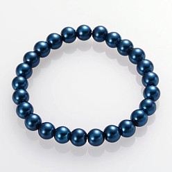 Marine Blue Trendy Glass Pearl Beaded Stretch Bracelets, Marine Blue, 54mm