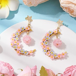 Бледно-Розовый Стеклянные бусины лунные серьги-гвоздики, с 201 фурнитурой для сережек из нержавеющей стали и смолы, золотые, розовый жемчуг, 56x36 мм