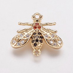 Золотой Коннекторы, латунь, кубический цирконий, Пчелы, красочный, золотые, 14.5x16.5x3 мм, отверстие : 1 мм