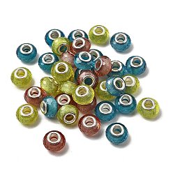 Желтый Бусины из смолы европейского стиля, граненые , бусины с большим отверстием, рондель с латунными сердечниками, покрытыми серебром, и блестящей пудрой, желтые, 14x8.5 мм, отверстие : 5 мм