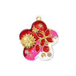 Темно-Розовый 304 нержавеющей стальной эмали подвески, цветочный шарм, с кубического циркония, реальный 18 k позолоченный, ионное покрытие (ip), долговечный, темно-розовыми, 49x43 мм, отверстие: 2.60 мм