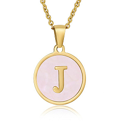 Letter J Natural Shell Initial Letter Pendant Necklace, with Golden Stainless Steel Cable Chains, Letter J, 17.72 inch(45cm)