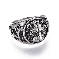 Antique Silver 304 Stainless Steel Signet Rings for Men, Wide Band Finger Rings, Flat Round with Lion, Antique Silver, Size 7~12, 17~22mm
