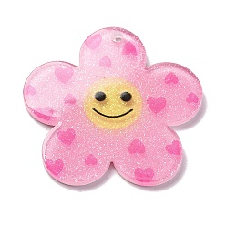 Ярко-Розовый Акриловые подвески, с блеском порошок, цветок с улыбающимся лицом, ярко-розовый, 38x39x2 мм, отверстие : 2.2 мм