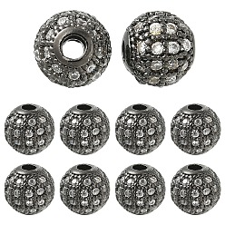 Черный Цвет Металла 10 шт. круглых латунных бусин с микропаве из кубического циркония, прозрачные, металлический черный , 8 мм, отверстие : 2 мм