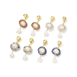 Mixed Stone 4 Pair 4 Style Natural Mixed Gemstone & Shell Pearl Beaded Flower Dangle Stud Earrings, 304 Stainless Steel Wire Wrap Long Drop Earrings for Women, 58mm, Pin: 0.7mm