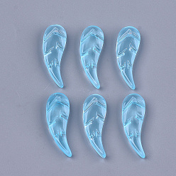 Light Sky Blue Transparent Spray Painted Glass Pendants, Leaf, Light Sky Blue, 37.5x9.5x4~4.5mm, Hole: 1.2mm
