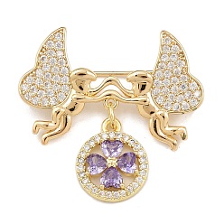 Золотой Значки на лацкан из латуни с микропаве из кубического циркония, ангел, долговечный, без кадмия и без свинца, стойки покрытие, золотые, 32.5x34.5 мм