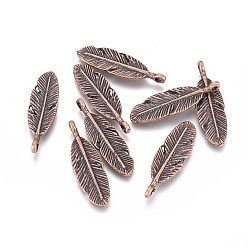 Red Copper Tibetan Style Alloy Pendants, Feather, Red Copper, 29.5x9x2mm, Hole: 1.6mm